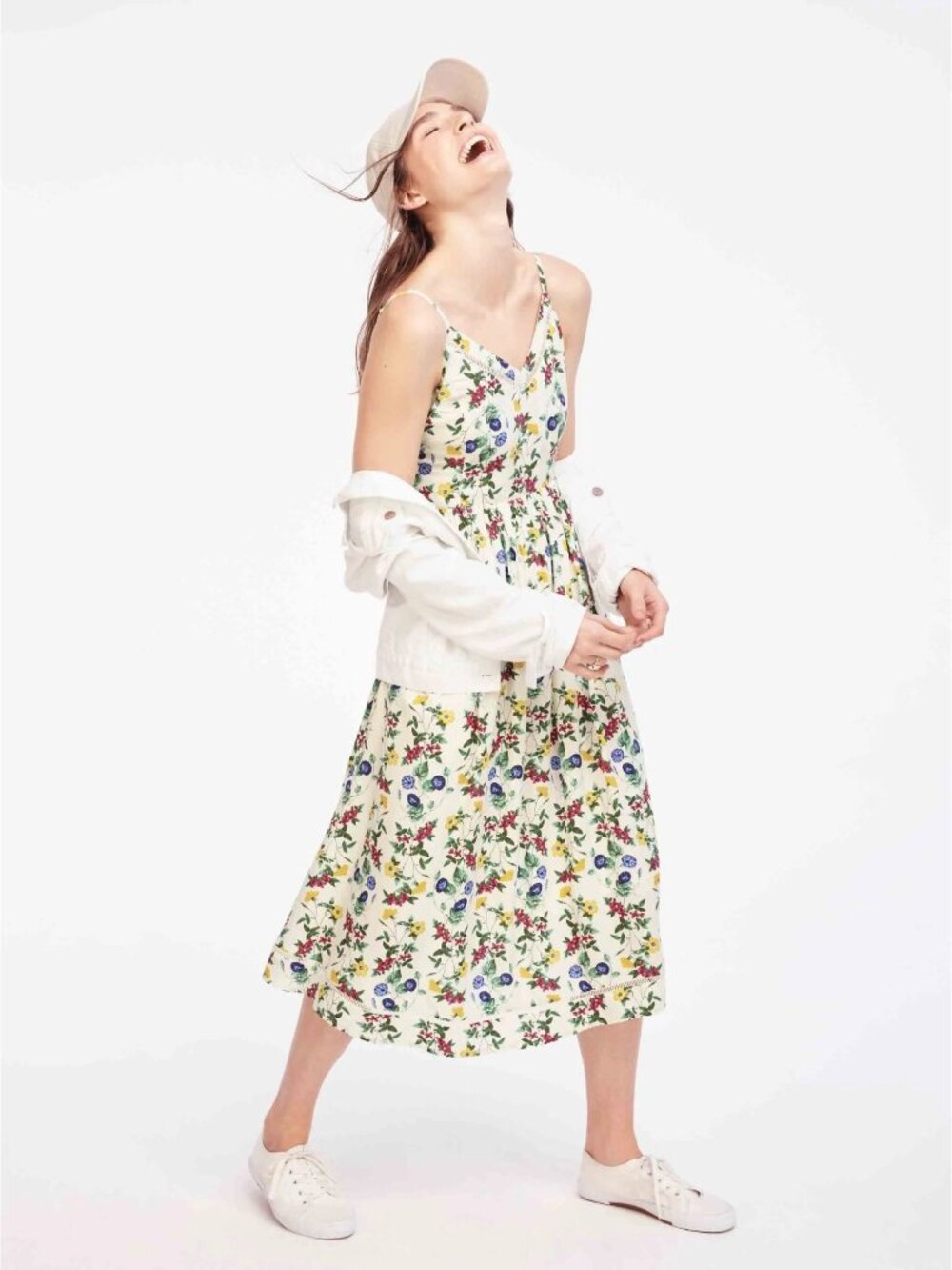 Old Navy Cream Floral V Neck Smocked Cottagecore Cami Sun Dress Women Size M